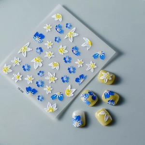 5D embossed blue and white floral nail art stickers with 3D relief texture for DIY nails