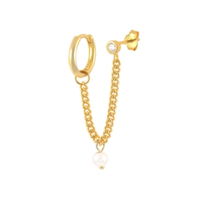 Detail of silver chain earring with S925 hallmark, sparkling zircon and white pearl drop