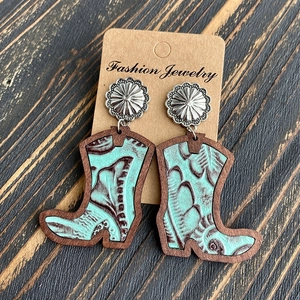 Detail view of cowboy boot earrings with wood base and faux turquoise leather inlays