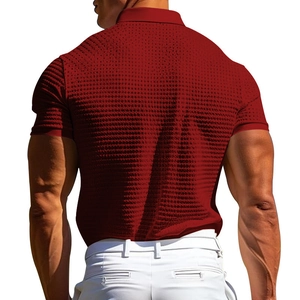 Macro view showing red waffle knit fabric texture and slim fit design on men polo shirt