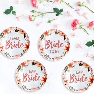 Wedding party tinplate badges set with Team Bride text and pink floral marble background