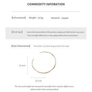 Size information and material details for gold plated wave choker necklace in copper