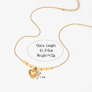 Gold stainless steel heart pendant necklace with geometric cube snake chain for women