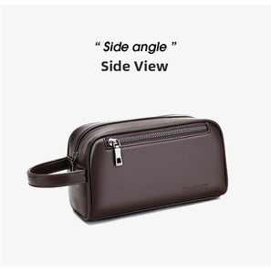 Detailed side view of deep brown pebbled leather clutch with silver metal zippers