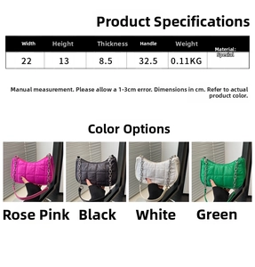 Quilted underarm bag measurements with silver chain detail in white and pink color options