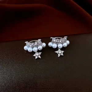 Elegant silver double-layer ear cuff with white pearls and sparkling star zircon pendant