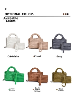 Six colors of hand-woven leather bucket bags with metal chain straps and inner pouches