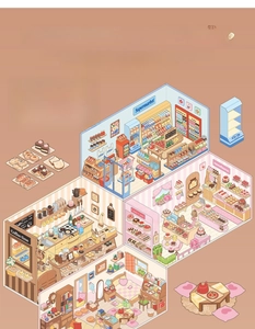Detail of 2.5D isometric scenery stickers featuring miniature cafe and bakery scenes