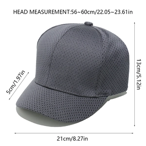 Size chart for dark grey breathable mesh baseball cap showing crown height and brim width