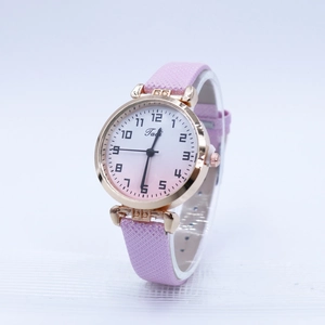 Women's quartz watch featuring pink gradient dial and rose gold case on leather strap