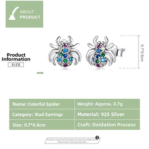 Detailansicht der 925 Sterling Silber bunten Spinne Ohrstecker mit Größenmessungen