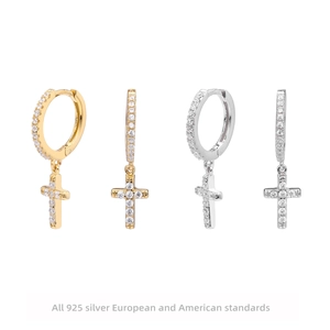 925 Sterling Silver Hoop Earrings With Cross Pendant Zircon Inlaid Huggie Dangle Jewelry For Women Luxury Elegant Style