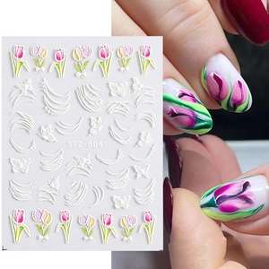 5D embossed nail stickers featuring pink tulips, white butterflies, and floral 3D texture