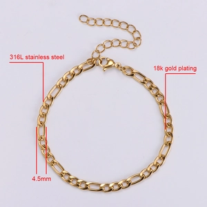 Detailed macro view of 4.5mm Figaro chain in 18k gold plated 316L stainless steel