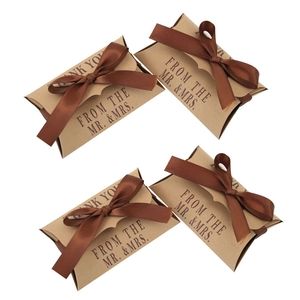 Vintage kraft paper pillow gift boxes with dark brown satin ribbons and Thank You print
