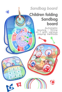 Close-up of a 3-in-1 foldable bean bag toss game with dinosaur and forest animal themes