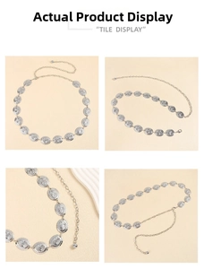 Detail of vintage silver metal waist chain with floral oval discs and adjustable link