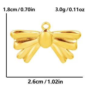 Detailed size chart of gold 304 stainless steel bow pendant with dimensions and weight