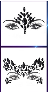 Detail view of black acrylic rhinestone face gems for forehead and eye decoration