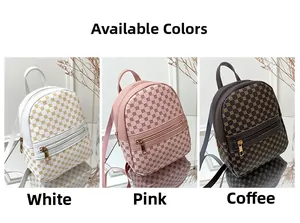 Detailed comparison of mini floral backpacks in white, pink, and brown synthetic leather
