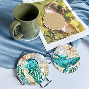 DIY diamond painting coaster set with ocean patterns and metal holder for home decor