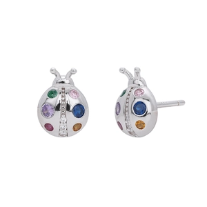 Polished 925 silver ladybug stud earrings with vibrant colorful gemstones on white background