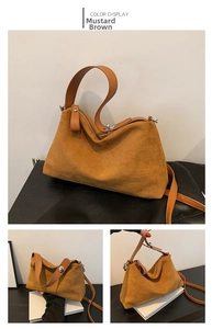 Vues détaillées du sac cabas en daim marron jaune avec anses cuir et fermoir en métal