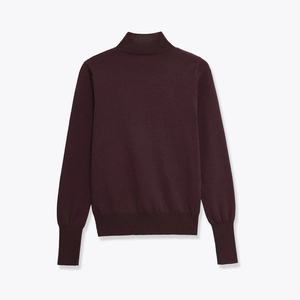 Rear view of slim fit long sleeve knit sweater in burgundy with ribbed cuffs