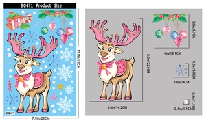 Detailed dimensions of pink cartoon reindeer and Christmas snowflake static window stickers