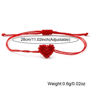 Handmade red braided couple bracelet with woven heart charm and adjustable cord strap