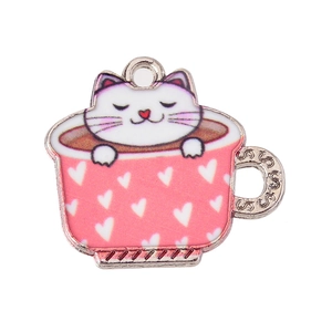 Cartoon enamel cat in pink teacup pendant charm for DIY jewelry and necklaces