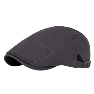 Deep grey cotton newsboy cap for men and women with vintage buckle and side embroidery