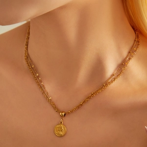 Mehrlagige Edelstahl Triple Kette Halskette Mit Queen Münze Herz Kreuz Anhänger Für Damen Vintage Gold Silber Schmuck