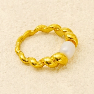 Elegant gold twisted spiral ring with a white pearl centerpiece for women