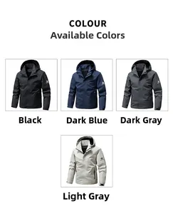 Outdoor hooded jacket for men in black, dark blue, dark gray, and light gray colors