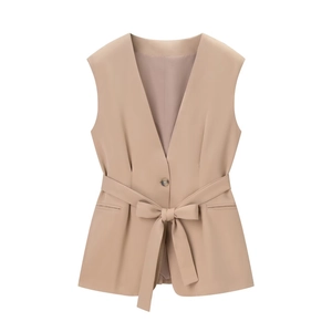 Women sleeveless v-neck khaki vest suit with tie waist belt and button closure on white background