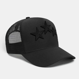 Breathable black trucker hat with three star patches and adjustable mesh back for sun protection