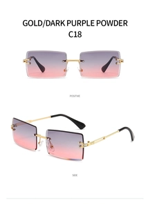 Detail view of rimless square sunglasses with gold metal frame and gradient purple lenses