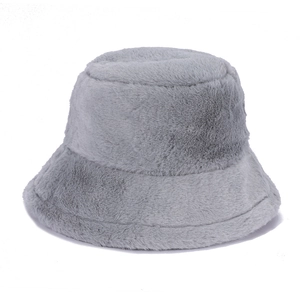 Detailed texture of grey plush cashmere bucket hat with soft faux fur finish
