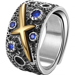Starry sky moon textured silver ring for men with golden cross and blue zircon stones