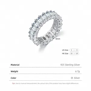 Anello eternity di lusso in argento 925 con diamanti taglio smeraldo da 6 mm brillanti