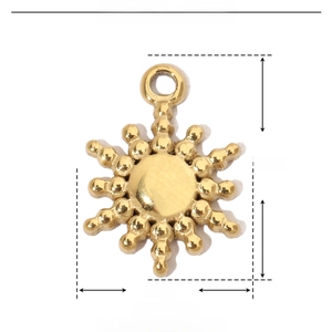 Detail showing 12mm x 9mm gold stainless steel sun pendant specifications and weight