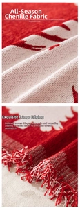 Close-up of red and white chenille fabric showing knit texture and decorative tassels