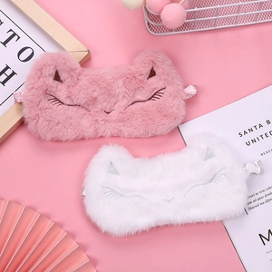Cute plush sleep eye masks with cartoon fox and cat embroidery in pink and white