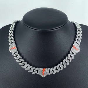 Iced out silver Cuban chain necklace with red cracked heart pendants for hip-hop style