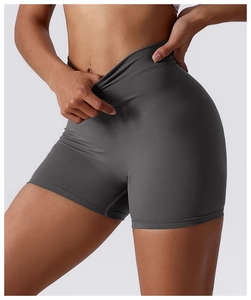 Close-up of high-waist charcoal yoga shorts showing elastic fabric and tummy control fit