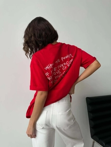 Oversize red t-shirt with graffiti print back view and dropped shoulder design