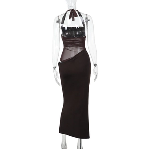 Detail of the backless halter dress showing dark brown mesh splicing and ruched fabric texture