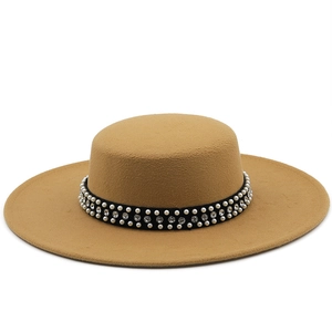 Elegant camel wool felt flat top hat with pearl and crystal studded black band