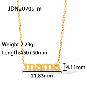 Close-up of gold plated Mama letter pendant with precise dimensions and O-chain details